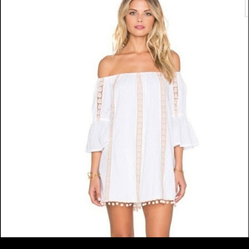 TULAROSE Sara Off Shoulder Pom Pom trim mini lace